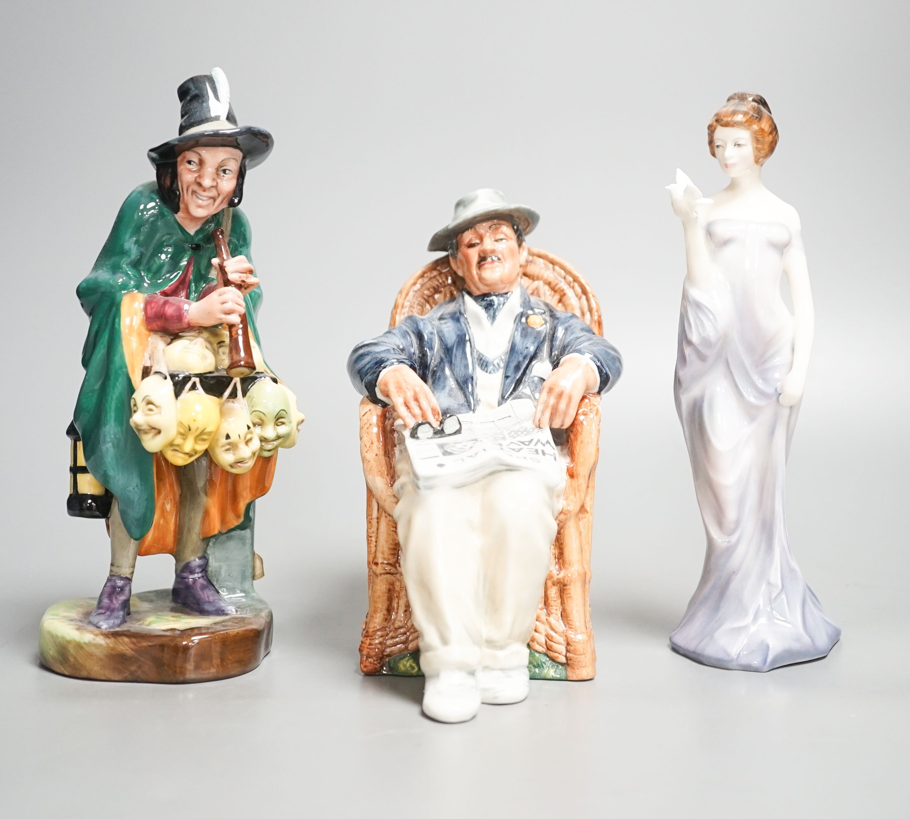 Three Royal Doulton figures, Harmony, Taking Things Easy, The Mask Seller